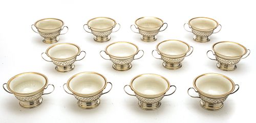 MERIDAN SILVER CO STERLING SILVER AND LENOX CREAM SOUPS SET OF 12