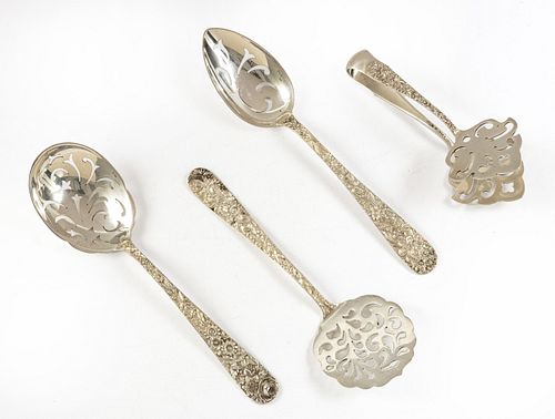 S. KIRK & SON, STERLING SILVER REPOUSSE  SERVING SPOONS AND TONGS, 4 PCS. 9.19TO 