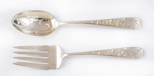 S. KIRK & SON, STERLING SILVER SERVING FORK AND SPOON, "PRIMROSE" L 8" 