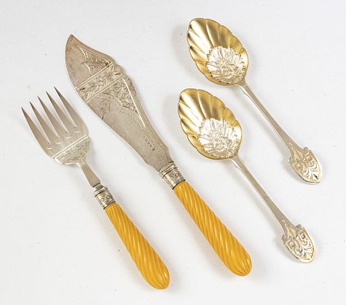 ELECTROPLATE SILVER FISH KNIFE AND FORK, BIRMINGHAM SILVER PLATE "LION" SPOONS 4 PCS. 