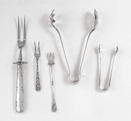 DURGIN - GORHAM STERLING SILVER TONGS, ( 4) L 7" + 3 STERLING WGT  4.16  T.O   'MEAT FORK NOT COUNTED' 