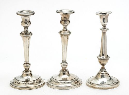 STERLING WEIGHTED CANDLESTICKS, PAIR + SINGLE H 11" 