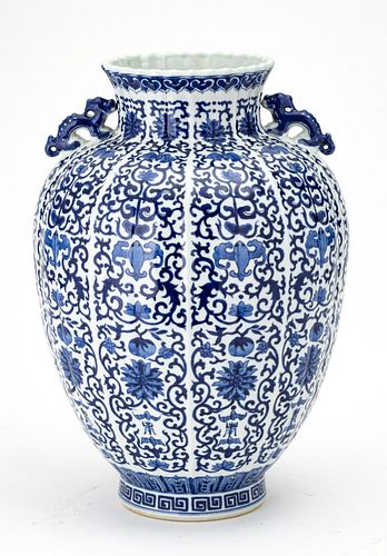 CHINESE BLUE AND WHITE PORCELAIN VASE, H 14.5" W 10" 