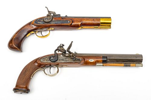 MODERN FLINTLOCK AND PERCUSSION CAP PISTOLS, 20TH C., TWO PIECES, L 6.5" AND 8" BARRELS 