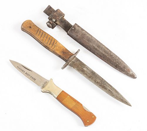 WW2 ERA GERMAN FIGHTING KNIFE WITH A MODERN BOOT KNIFE, TWO PIECES, L 11" (FIGHTING KNIFE) 