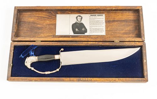 WEATHERFORD KNIVES SILVER EAGLE HEAD REPLICA "DEGUELLO" BOWIE KNIFE AND ONE F.S. CO. REPLICA BOWIE KNIFE, 20TH C., 2 PIECES, L 17.75" (EAGLE HEAD) 