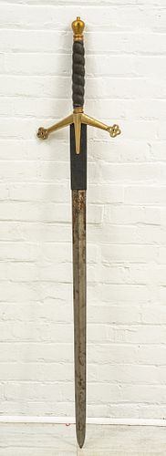 MEDIEVAL STYLE BRASS AND STEEL CLAYMORE, 20TH C., L 59" 