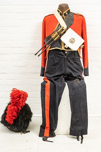 CANADIAN FORMAL MILITARY UNIFORMS WITH FEATHER BONNETS, 20TH C., H 26", W 20" (UNIFORMS ONLY), THE 48TH HIGHLANDERS AND THE ROYAL HIGHLAND FUSILIERS 
