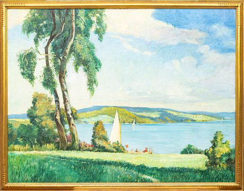 M. TAGGERT, LAKESCAPE, OIL ON CANVAS 20TH C. H 44" W 58" 