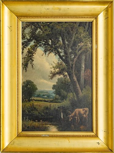 OIL ON ARTIST BOARD  H 16" W 10.5" CATTLE DRINKING FROM FOREST  STREAM  