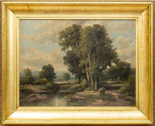 OIL ON ARTIST BOARD  H 18" W 24" FOREST STREAM WITH TOWN IN THE DISTANCE  