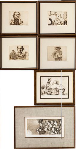 CHARLES BRAGG (AMERICAN, 1931) ETCHINGS ON PAPER, SIX H 5-6" W 7-11.75" CARICATURES 