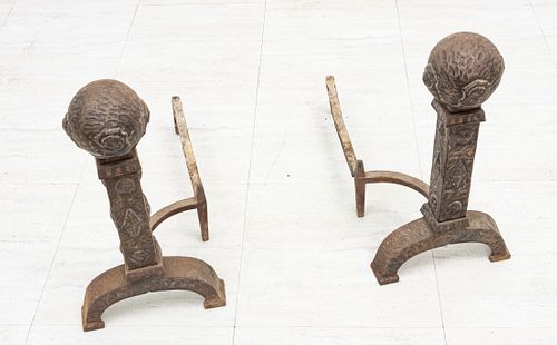 ARTS AND CRAFTS BRONZE AND IRON ANDIRONS, C 1900 H 24" L 12.5" D 26" 