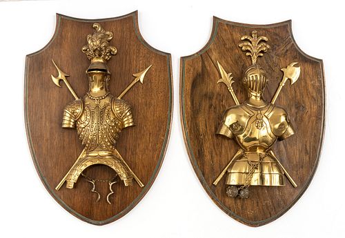 BRASS & MAHOGANY PLAQUES, PAIR, H 15", W 10", ARMORED KNIGHTS 
