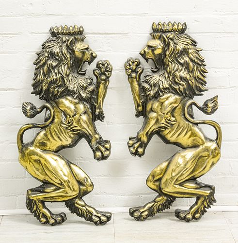 PATINATED METAL STANDING CROWNED LION PLAQUES, 20TH C., PAIR, H 32", W 15" 