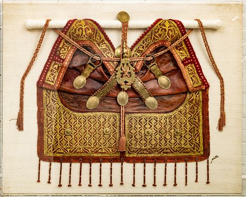 MOROCCAN LEATHER, SILK, BRASS AND GOLD COLORED THREAD SADDLE BLANKET, EARLY 20TH C., H 42.5", W 52.5" (SHADOWBOX) 