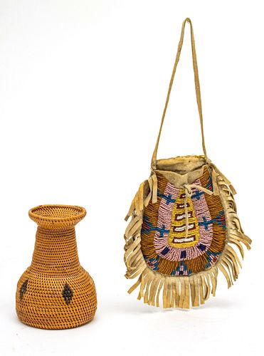 NAVAJO WOVEN  VASE AND DEER HIDE WITH  BEAD POUCH C 1910 