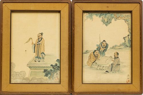 CHINESE WATERCOLORS ON COTTON, 4 PCS, H 16.5", W 11", FIGURES IN OUTDOOR SCENES 