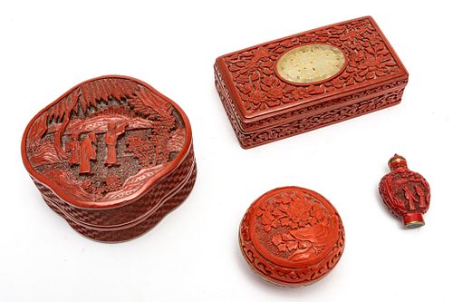 CHINESE CINNABAR BOXES & SNUFF BOTTLE, 4 PCS, W 1.5"-6"