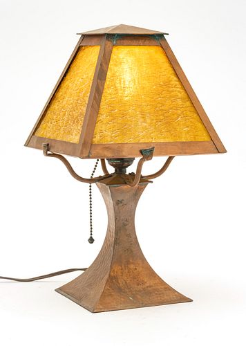 ARTS AND CRAFTS  COPPER PATINATED  SLAG GLASS LAMP  H 14.25" W 8" L 8" 