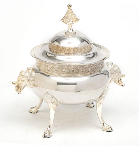 ROGERS & CO. SILVER PLATE TUREEN WITH ELEPHANT HANDLES, COVER C 1880 W 14" L 14" 