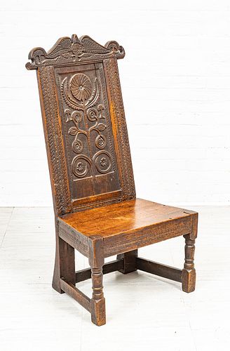 GOTHIC STYLE CARVED OAK HALL CHAIR, H 46", W 22.5"
