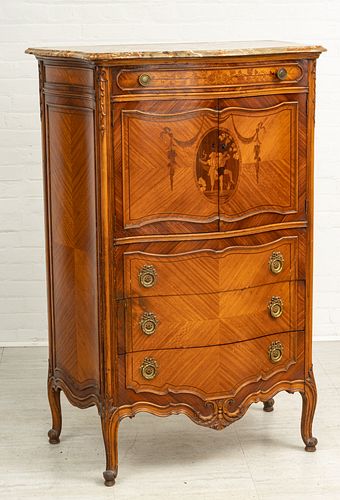 FRENCH FRUITWOOD MARQUETRY CHEST OF DRAWERS, MARBLE TOP H 54" W 32" D 20" 