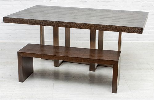 CONTEMPORARY TEAKWOOD & STEEL TABLE & BENCH, 2 PCS, H 28", W 42", L 72" (TABLE) 