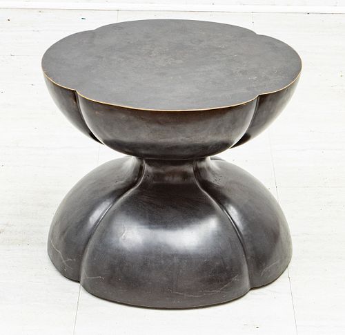 BRONZE HOURGLASS FORM DRUM TABLE, H 18", DIA 22" 