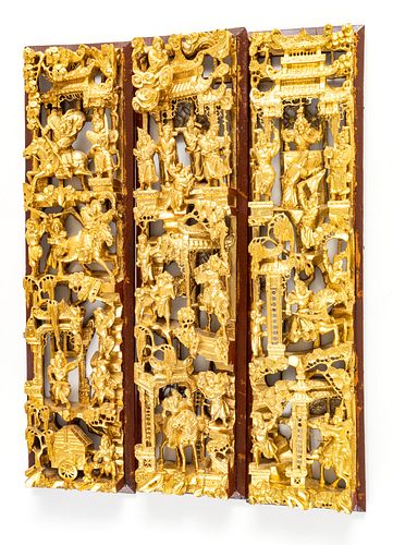THAILAND, GOLD LEAF WALL PANELS, HAND CARVED SET OF THREE, H 23" W 6" 