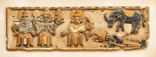 INDIAN  CARVED WOOD PLAQUE 19TH/20TH C. H 43" W 14" THE ARCHERY CONTEST OF SHIVA AND VISHNU 