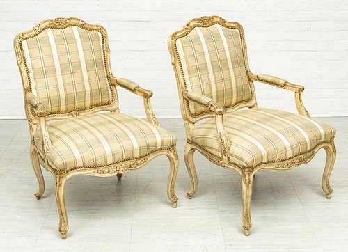 LOUIS XV STYLE WALNUT AND SILK OPEN ARMCHAIRS H 3'2" W 2'3" D 2'5" 