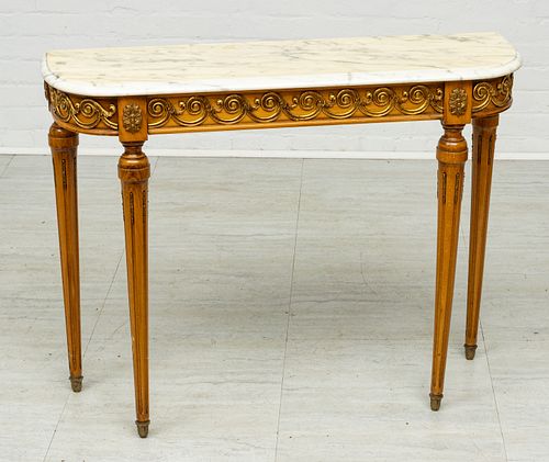 LOUIS XVI STYLE MARBLE TOP WALNUT CONSOLE TABLE, H 29", W 37"