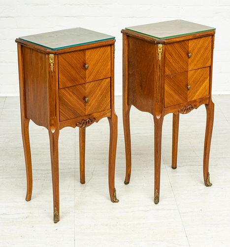 FRENCH LOUIS XV STYLE FRUITWOOD  END TABLES C 1930, PAIR H 30" W 13" D 10" 