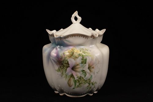 RS PRUSSIA, LILY BISCUIT JAR C 1900 H 7.5" DIA 6" 