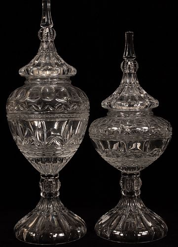 MARQUIS WATERFORD CRYSTAL COVERED JARS, TWO PCS., H 19", 22" 