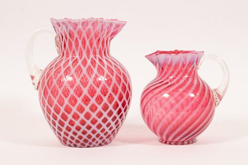 CRANBERRY BLOWN GLASS WATER PITCHERS, C 1870, 2 H 6"-8" 