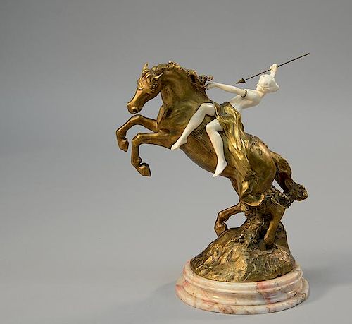 Celestin Anatole Calmels (Fr. 1822-1906) bronze & ivory figure of Diana atop a rearing horse