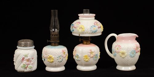 COSMOS MILK GLASS, OIL LAMPS (2), MUFFINEER,  C 1880 3 PCS H 4"-8" 
