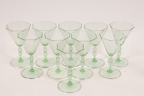 VENETIAN GLASS GOBLETS, GREEN, SET OF 10, H 7" 