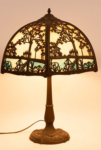 PATINATED METAL SLAG GLASS LAMP, C 1910 H 27", DIA 18"