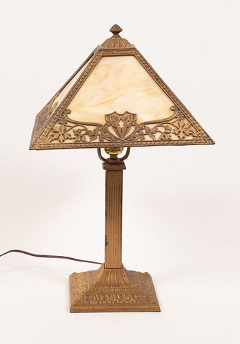 METAL OVERLAY SLAG GLASS TABLE LAMP C. 1900 H 21" W 11" 