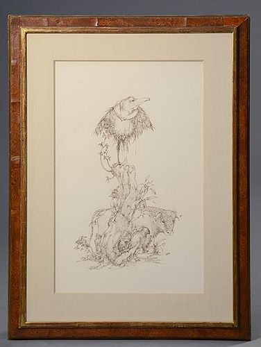 S. Washburn (Stan Washburn, American 1945-) pen and ink drawing of standing bull with birds