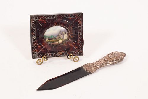PAINTING ON PORCELAIN AND SILVER HANDLE LETTER OPENER W 2.2" 