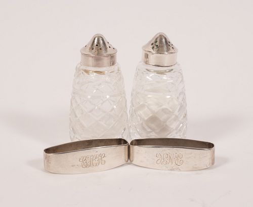 WATERFORD CRYSTAL SALT AND PEPPER, TWO STERLING NAPKIN RINGS.  