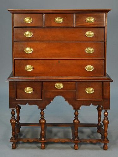20th C. William & Mary cherry highboy, two-part with turned legs and brass pulls. 58.5" high upper 37.5" wide, lower 40" wide
