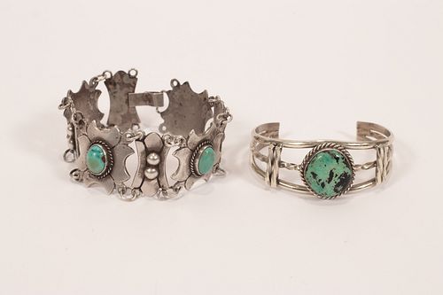 MEXICAN   SILVER AND INSET TURQUOISE BRACELETS TWO L 6" 