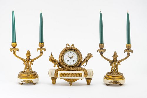 TIFFANY & CO. FRENCH EMPIRE  DORE BRONZE & MARBLE GARNITURE SET, MADE IN FRANCE, 19TH.C. H 8.5", W 9" (CLOCK) 