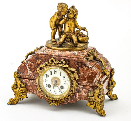 FRENCH SECOND EMPIRE ROUGE MARBLE AND MERCURY GILDED BRONZE MANTEL CLOCK H 11" W 11" D 7" 