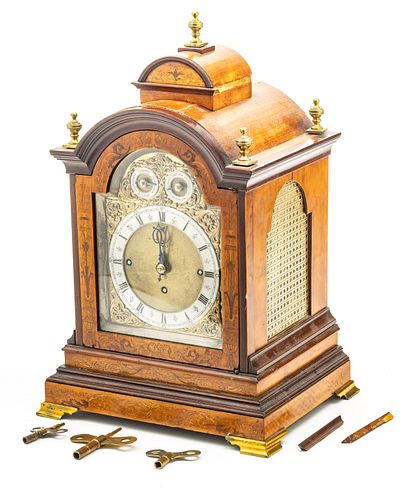 ENGLISH BURL WOOD STRIKING BRACKET CLOCK, C 1900 H 15" W 9" D 8.5" 